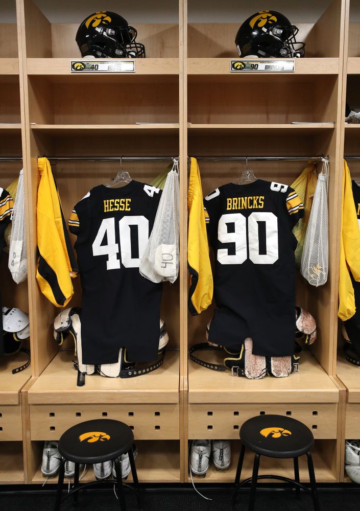 Iowa Hawkeyes defensive end Parker Hesse (40) and defensive end Sam Brincks (90) before their game against the Nebraska Cornhuskers Friday, November 23, 2018 at Kinnick Stadium. (Brian Ray/hawkeyesports.com)