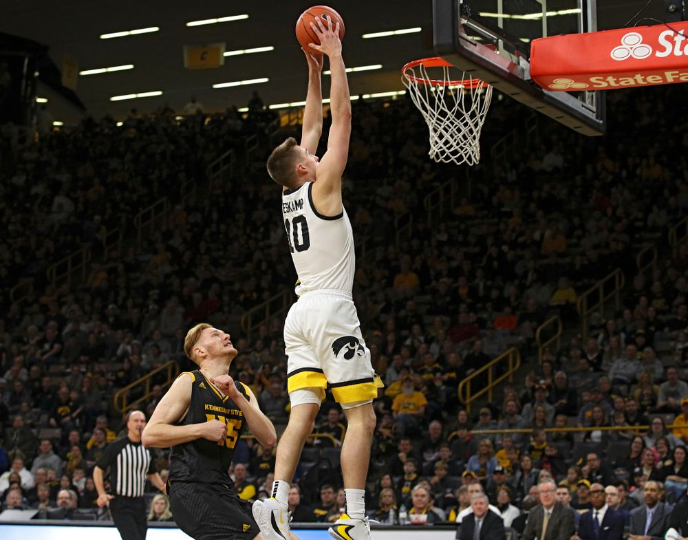 Iowa Hawkeyes guard Joe Wieskamp (10) dunks the ball during the second half of their their game at Carver-Hawkeye Arena in Iowa City on Sunday, December 29, 2019. (Stephen Mally/hawkeyesports.com)