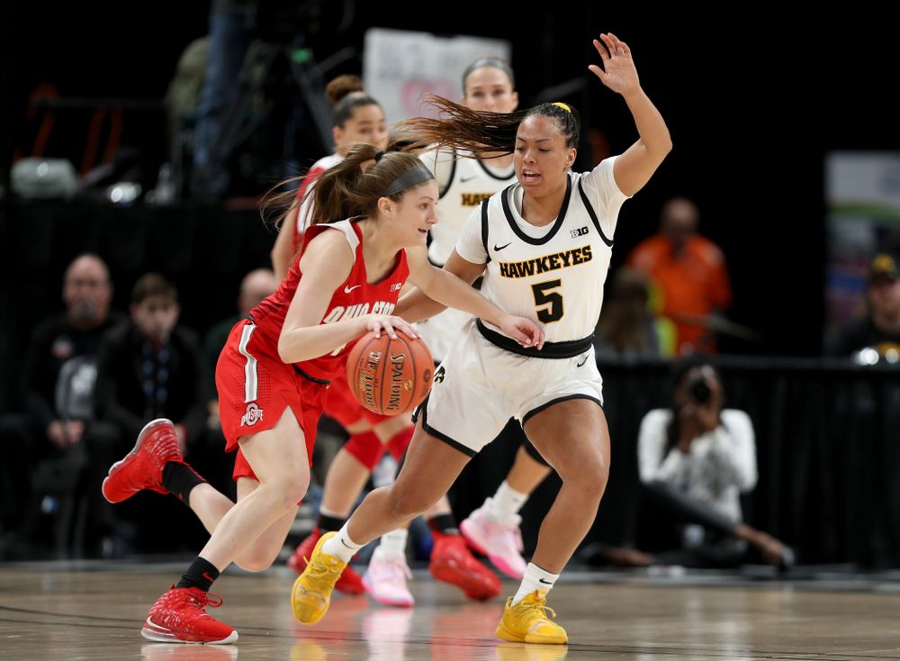 Iowa Hawkeyes guard Alexis Sevillian (5) against Ohio State in the quarterfinals of the Big Ten Basketball Tournament Friday, March 6, 2020 at Bankers Life Fieldhouse in Indianapolis. (Brian Ray/hawkeyesports.com)