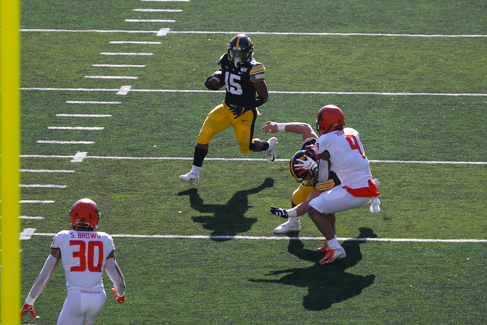 Iowa Hawkeyes running back Tyler Goodson (15) during Iowa football vs Illinois on Saturday, November 23, 2019 at Kinnick Stadium. (Lily Smith/hawkeyesports.com)