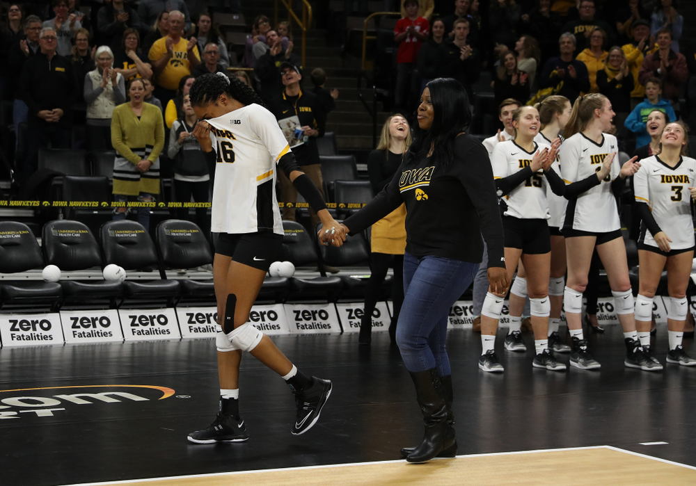 Iowa Hawkeyes outside hitter Taylor Louis (16) during senior day activities before their game against the Ohio State Buckeyes Saturday, November 24, 2018 at Carver-Hawkeye Arena. (Brian Ray/hawkeyesports.com)