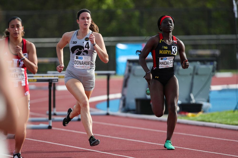 Iowa's Carly Donahue runs during the women's 400-meter hurdles at the Big Ten Outdoor Track and Field Championships at Francis X. Cretzmeyer Track on Friday, May 10, 2019. (Lily Smith/hawkeyesports.com)