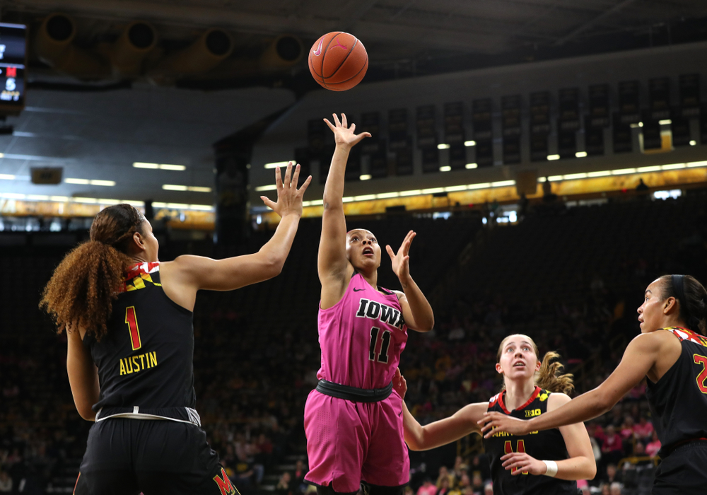 Iowa Hawkeyes guard Tania Davis (11) against the seventh ranked Maryland Terrapins Sunday, February 17, 2019 at Carver-Hawkeye Arena. (Brian Ray/hawkeyesports.com)