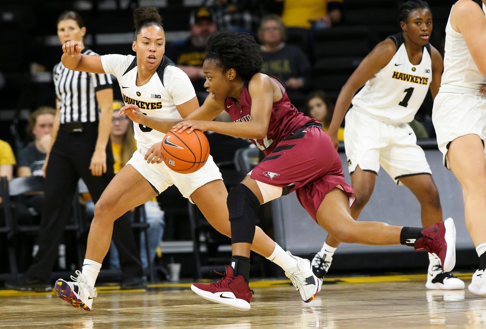 Iowa Hawkeyes guard Alexis Sevillian (5) defends during a game against North Carolina Central at Carver-Hawkeye Arena on November 17, 2018. (Tork Mason/hawkeyesports.com)