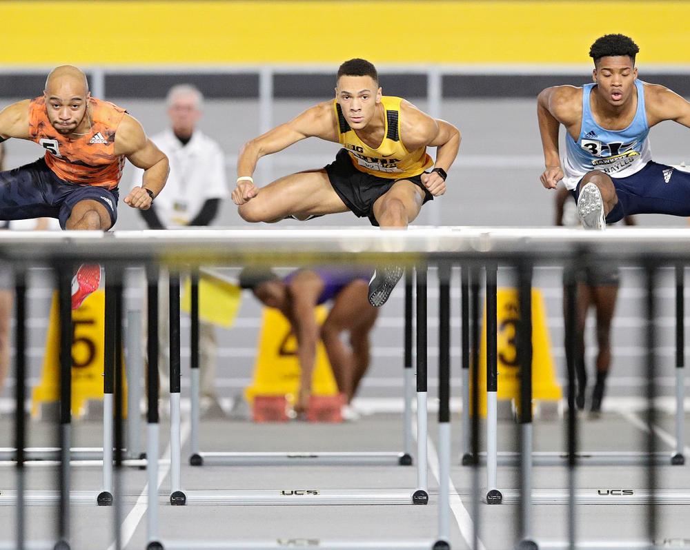 Iowa’s Jamal Britt runs the men’s 60 meter hurdles event during the Hawkeye Invitational at the Recreation Building in Iowa City on Saturday, January 11, 2020. (Stephen Mally/hawkeyesports.com)