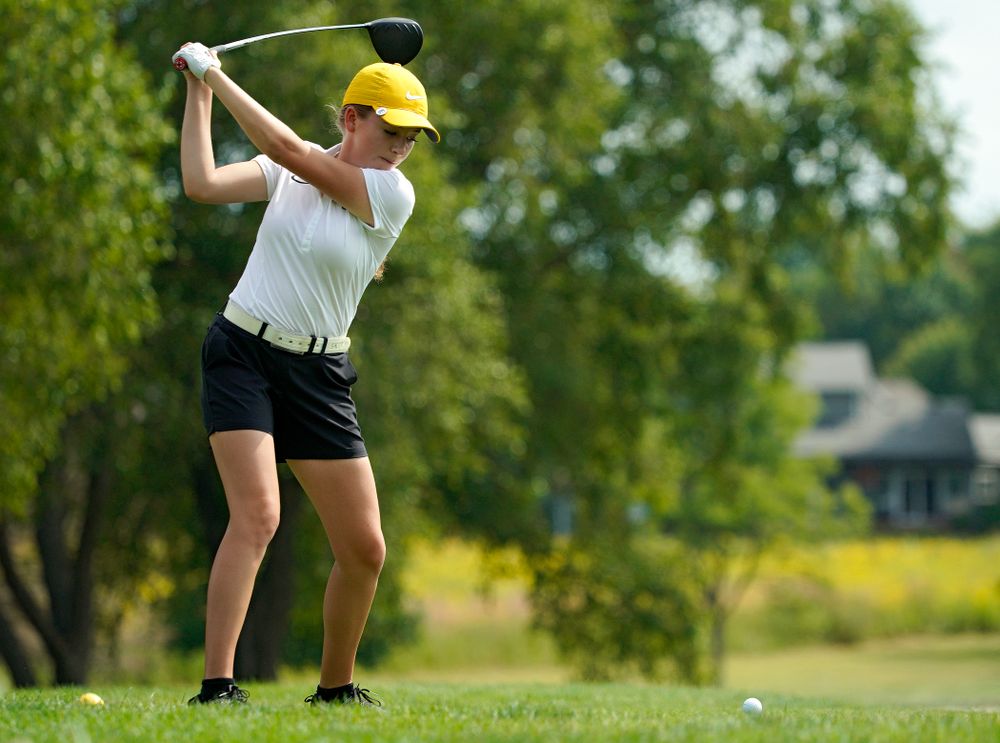 Iowa’s Jacquelyn Galloway tees off during their dual against Northern Iowa at Pheasant Ridge Golf Course in Cedar Falls on Monday, Sep 2, 2019. (Stephen Mally/hawkeyesports.com)