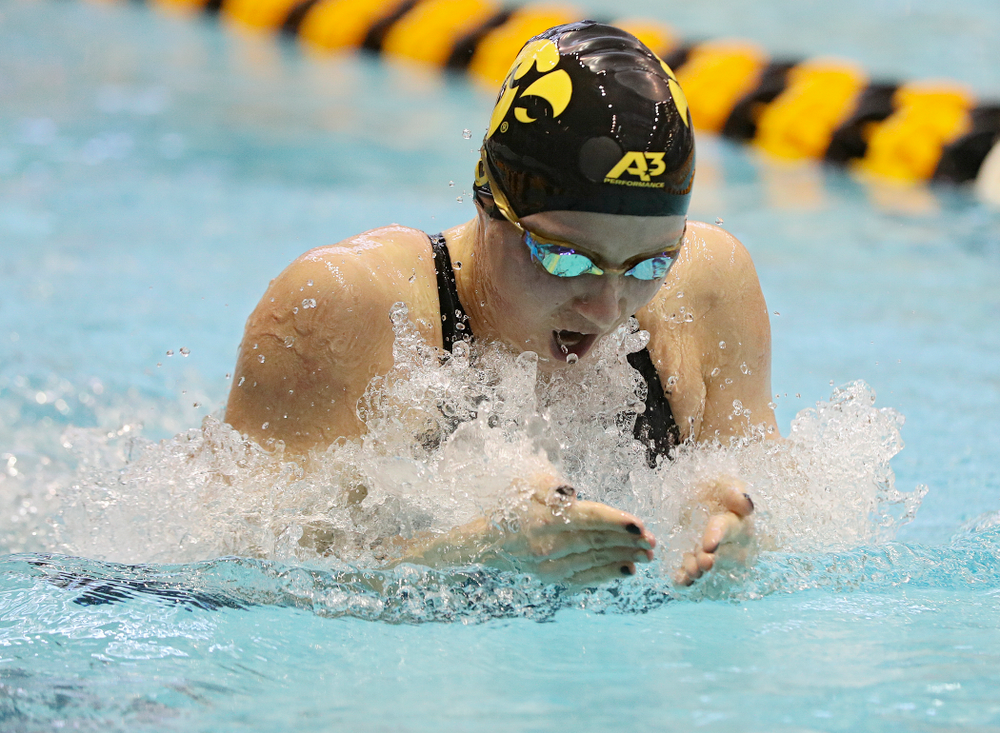 Iowa’s Aleksandra Olesiak swims in the women’s 200 yard breaststroke preliminary event during the 2020 Women’s Big Ten Swimming and Diving Championships at the Campus Recreation and Wellness Center in Iowa City on Saturday, February 22, 2020. (Stephen Mally/hawkeyesports.com)