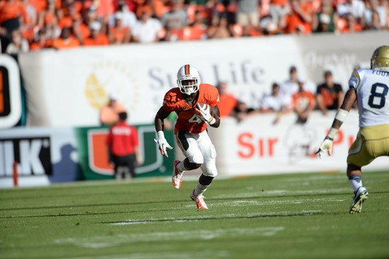 University of Miami Hurricanes wide receiver Phillip Dorsett #4 plays in a game against the Georgia Tech Yellow Jackets at Sun Life Stadium on October...