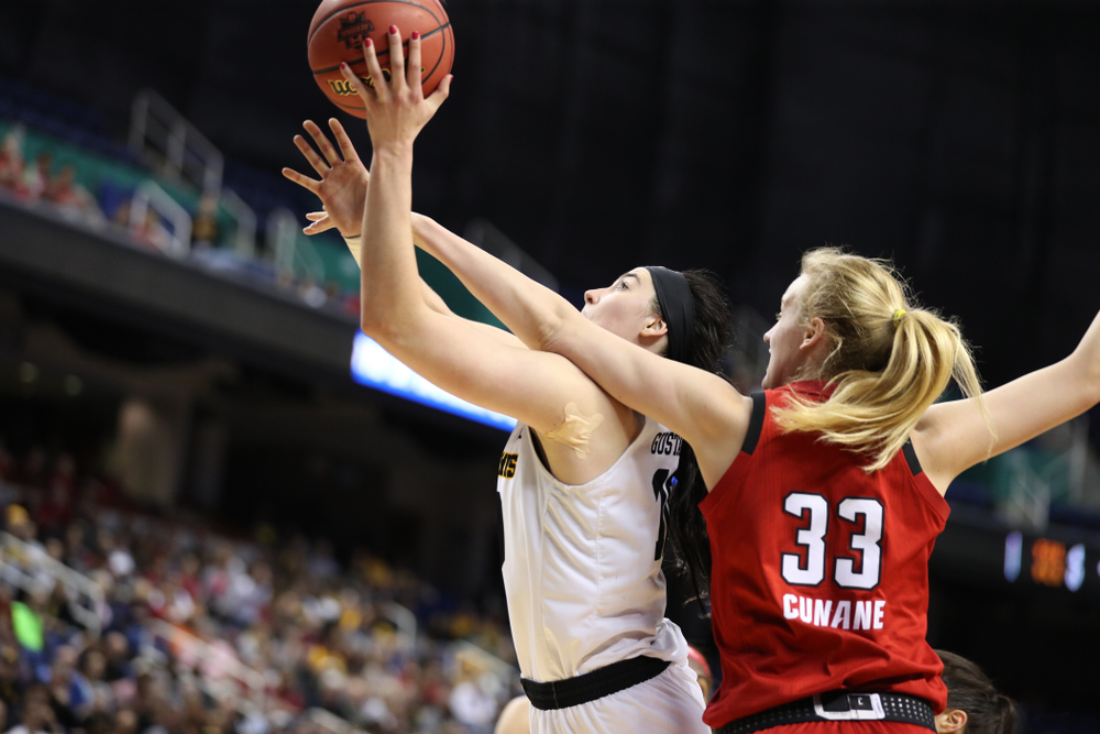 Iowa Hawkeyes forward Megan Gustafson (10) against the NC State Wolfpack in the regional semi-final of the 2019 NCAA Women's College Basketball Tournament Saturday, March 30, 2019 at Greensboro Coliseum in Greensboro, NC.(Brian Ray/hawkeyesports.com)