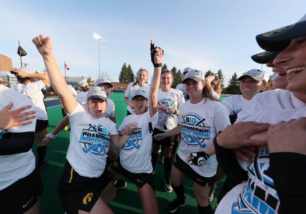 The Iowa Hawkeyes celebrate their victory over Penn State in the 2019 Big Ten Field Hockey Tournament Championship Game Sunday, November 10, 2019 in State College. (Brian Ray/hawkeyesports.com)