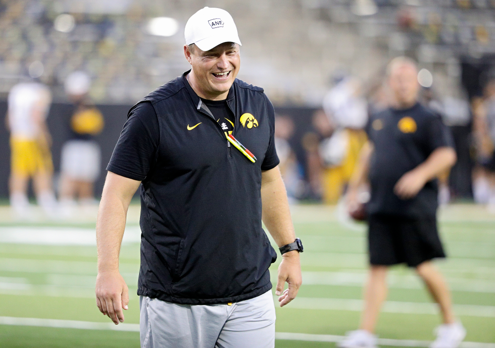 Iowa Hawkeyes offensive coordinator Brian Ferentz laughs during Fall Camp Practice No. 12 at Kinnick Stadium in Iowa City on Thursday, Aug 15, 2019. (Stephen Mally/hawkeyesports.com)