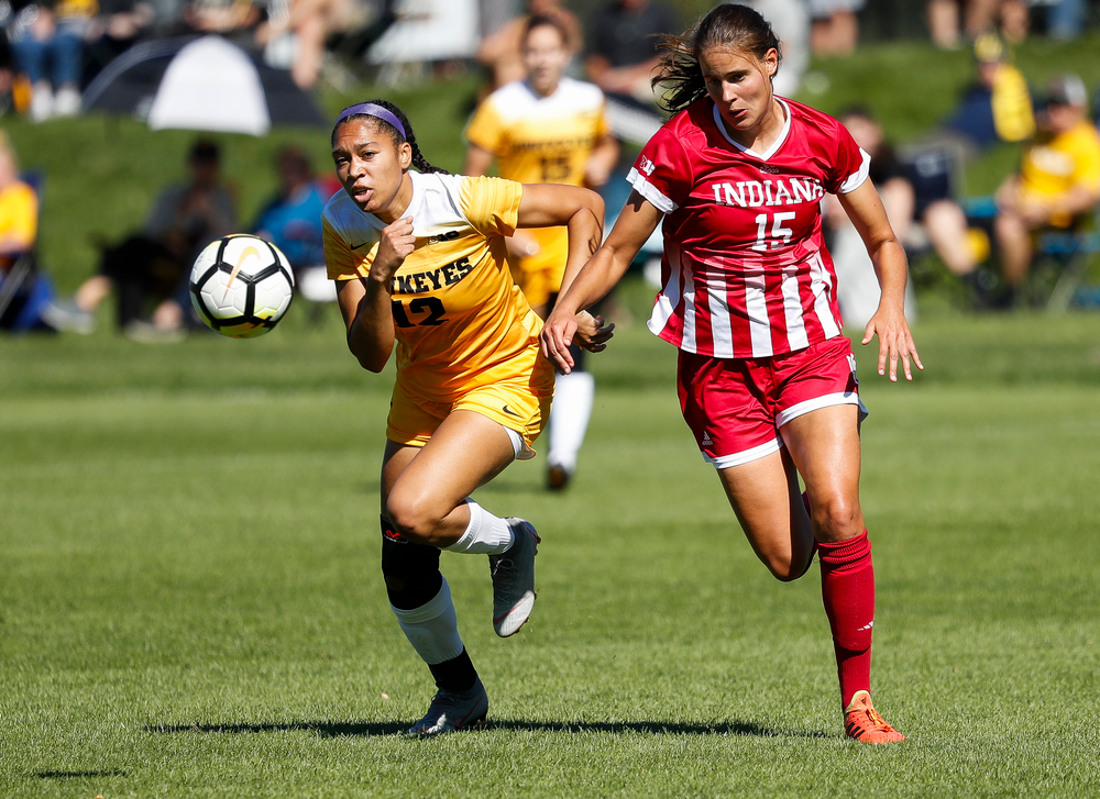 Iowa Hawkeyes forward Olivia Fiegel (12) chases down the ball during a game against Indiana at the Iowa Soccer Complex on September 23, 2018. (Tork Mason/hawkeyesports.com)