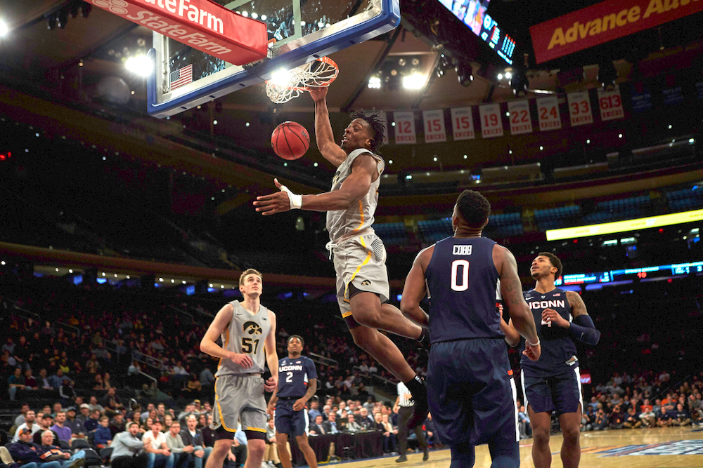 Iowa Hawkeyes forward Ryan Kriener (15) against UConn in the Championship game of the 2K Empire Classic Friday, November 16, 2018 at Madison Square Garden in New York City. (Duncan H.Williams/Freelance)