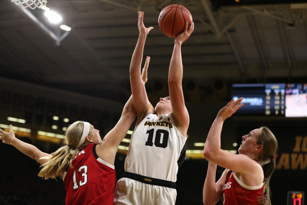 Iowa Hawkeyes forward Megan Gustafson (10) against the Nebraska Cornhuskers Thursday, January 3, 2019 at Carver-Hawkeye Arena. (Brian Ray/hawkeyesports.com)