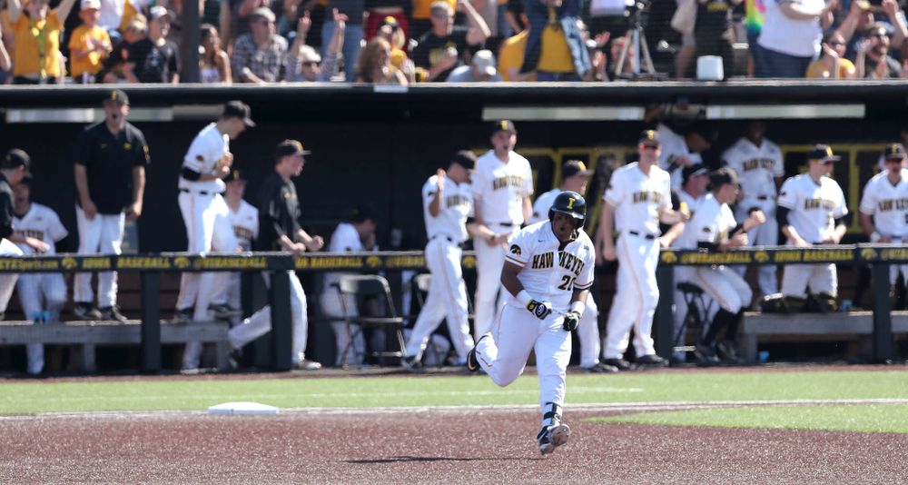 Iowa Hawkeyes Izaya Fullard (20) hits a home run against the Nebraska Cornhuskers Saturday, April 20, 2019 at Duane Banks Field. (Brian Ray/hawkeyesports.com)