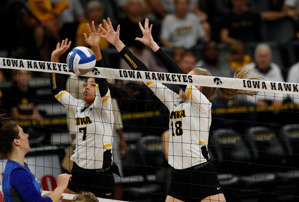 Iowa Hawkeyes middle blocker Hannah Clayton (18) and setter Gabrielle Orr (7) against Eastern Illinois Sunday, September 9, 2018 at Carver-Hawkeye Arena. (Brian Ray/hawkeyesports.com)