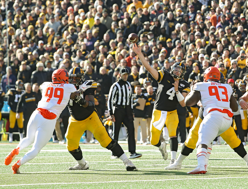 Iowa Hawkeyes quarterback Nate Stanley (4) throws a pass during the second quarter of their game at Kinnick Stadium in Iowa City on Saturday, Nov 23, 2019. (Stephen Mally/hawkeyesports.com)