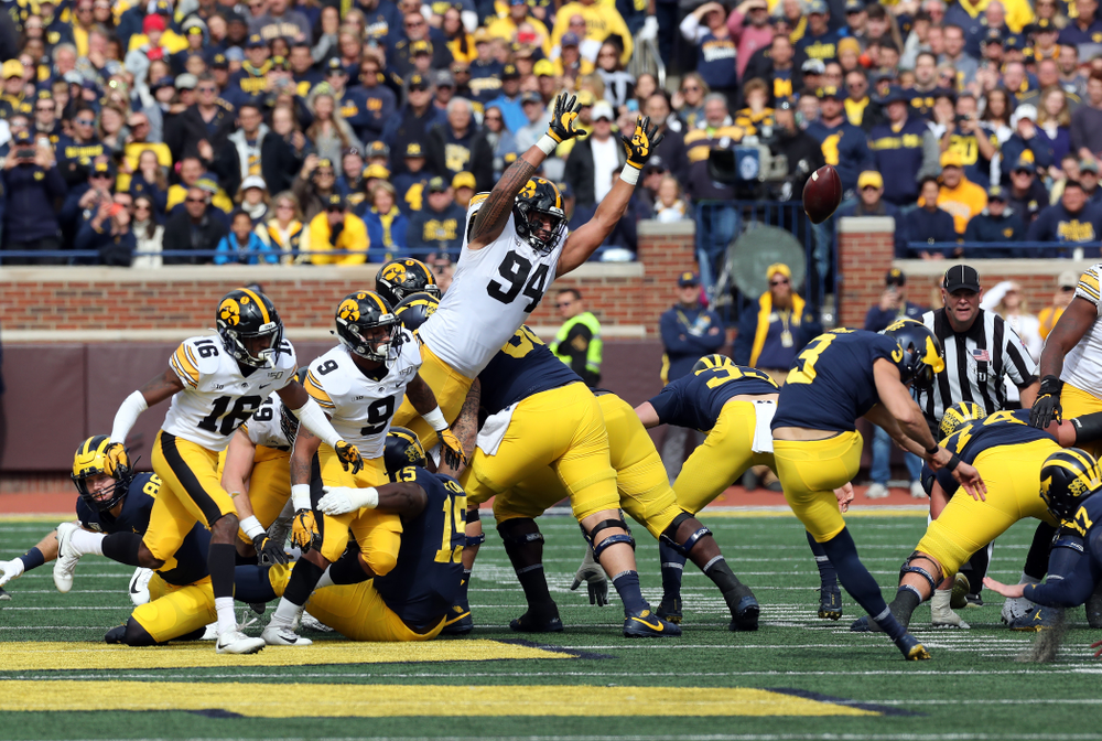 Iowa Hawkeyes defensive end A.J. Epenesa (94) against the Michigan Wolverines Saturday, October 5, 2019 at Michigan Stadium in Ann Arbor, MI. (Brian Ray/hawkeyesports.com)