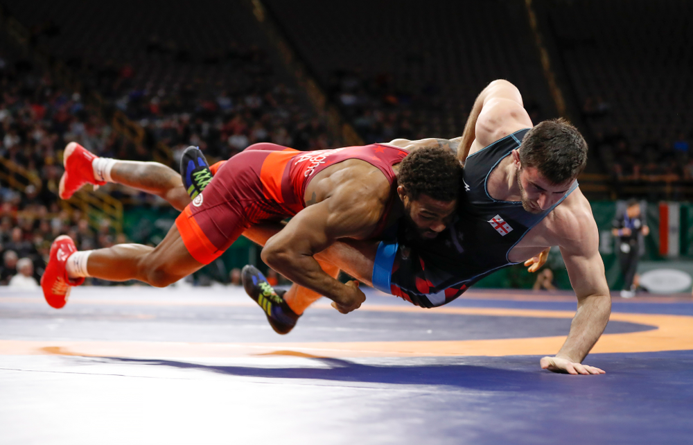 Jordan Burroughs during session three of the United World Wrestling Freestyle World Cup Sunday, April 8, 2018 at Caver-Hawkeye Arena. (Brian Ray/hawkeyesports.com)