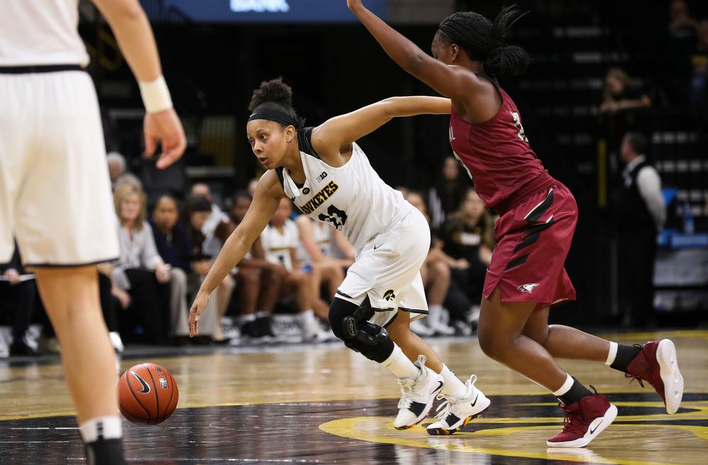 Iowa Hawkeyes guard Tania Davis (11) dribbles the ball during a game against North Carolina Central at Carver-Hawkeye Arena on November 17, 2018. (Tork Mason/hawkeyesports.com)