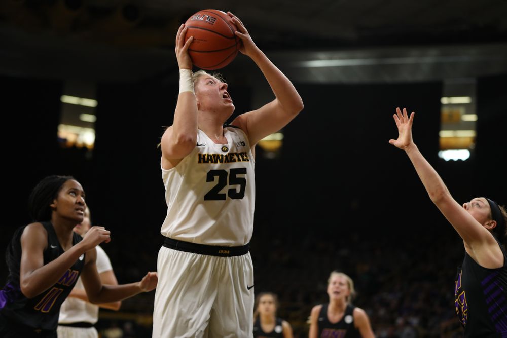 Iowa Hawkeyes forward/center Monika Czinano (25) against the Northern Iowa Panthers in the Hy-Vee Classic Sunday, December 16, 2018 at Carver-Hawkeye Arena. (Brian Ray/hawkeyesports.com)