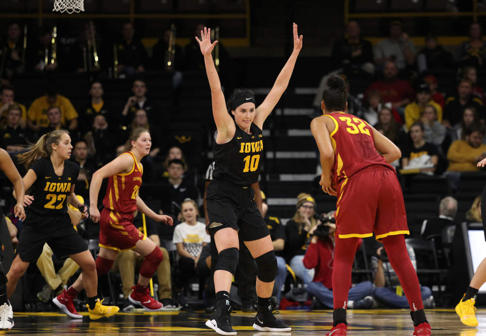 Iowa Hawkeyes forward Megan Gustafson (10) against the Iowa State Cyclones in the Iowa Corn Cy-Hawk Series Wednesday, December 5, 2018 at Carver-Hawkeye Arena. (Brian Ray/hawkeyesports.com)