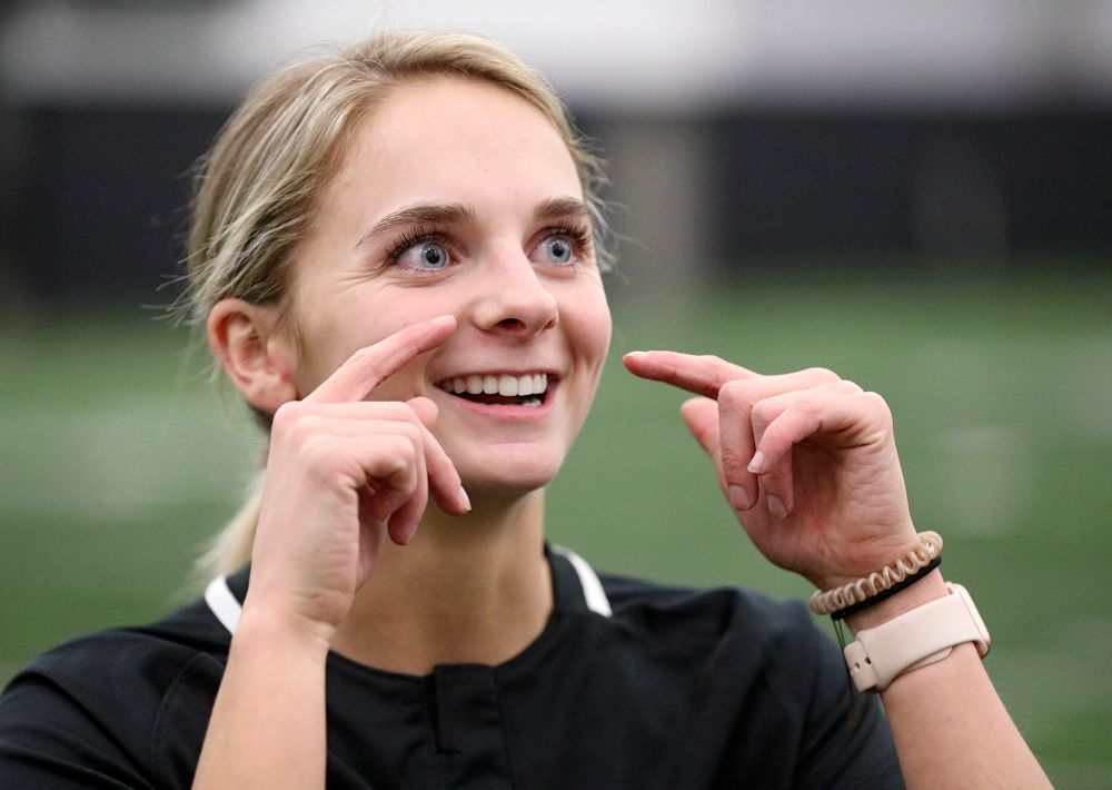 Iowa infielder Taylor Ryan (28) answers questions during Iowa Softball Media Day at the Hawkeye Tennis and Recreation Complex in Iowa City on Thursday, January 30, 2020. (Stephen Mally/hawkeyesports.com)