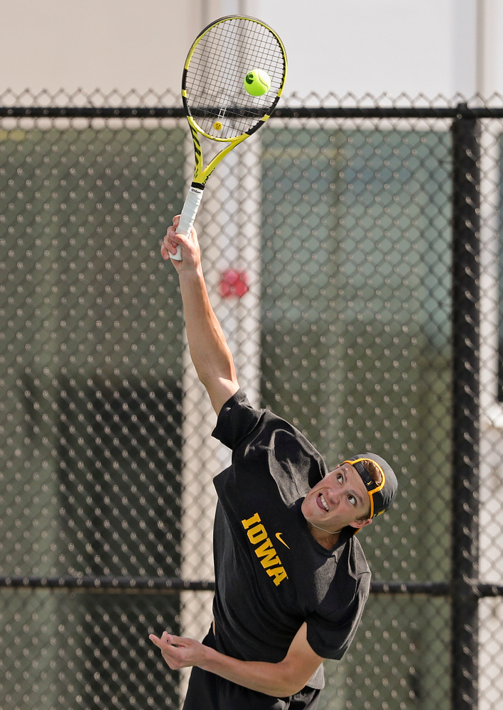 Iowa's Joe Tyler competes during a match against Ohio State at the Hawkeye Tennis and Recreation Complex in Iowa City on Sunday, Apr. 7, 2019. (Stephen Mally/hawkeyesports.com)