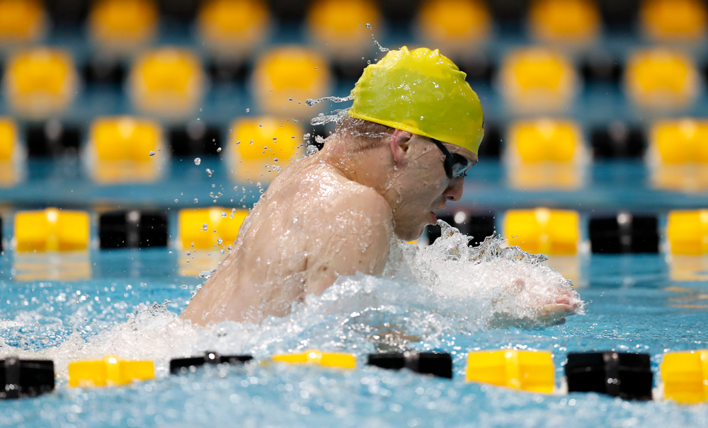Caleb Babb swims the breaststroke leg of the 200 yard medley relay during the Black and Gold Intrasquad Saturday, September 29, 2018 at the Campus Recreation and Wellness Center. (Brian Ray/hawkeyesports.com)