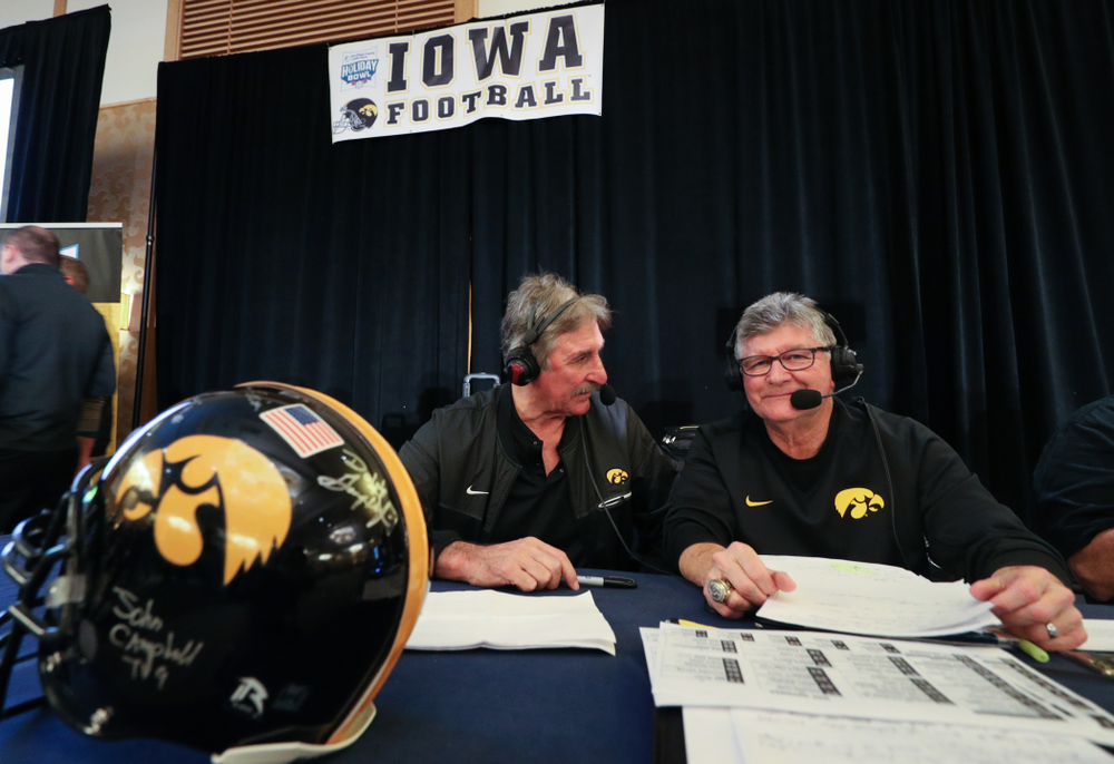 Gary Dolphin and Ed Podolak broadcast live during the Holiday Bowl Hawkeye Huddle Thursday, December 26, 2019 at the Hilton in downtown San Diego. (Brian Ray/hawkeyesports.com)