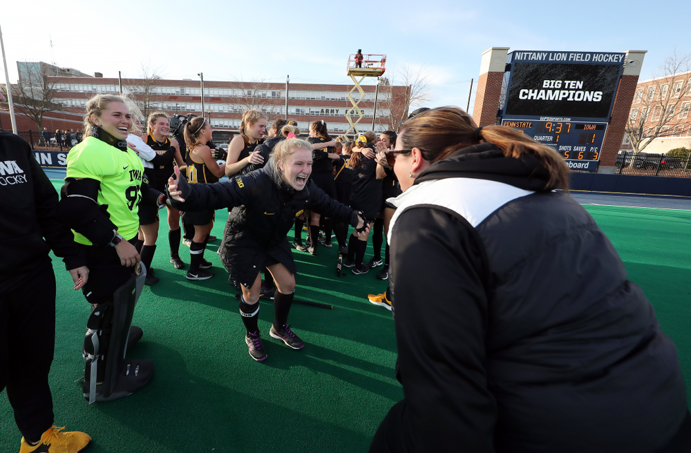 The Iowa Hawkeyes celebrate their 1-0 overtime victory over Penn State to win the 2019 Big Ten Field Hockey Tournament Sunday, November 10, 2019 at Penn State (Brian Ray/hawkeyesports.com)