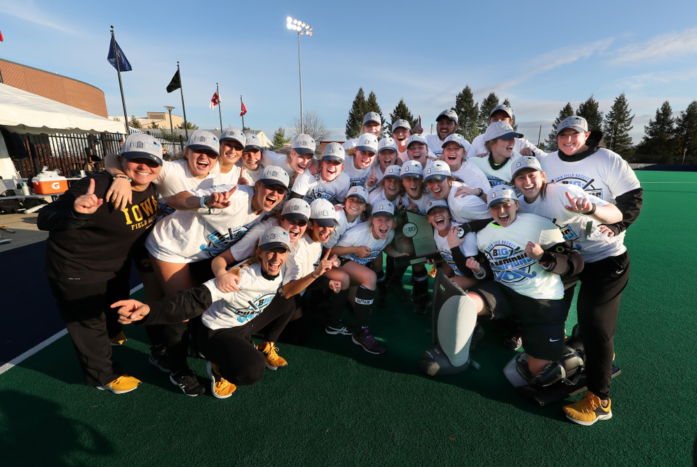 The Iowa Hawkeyes celebrate their victory over Penn State in the 2019 Big Ten Field Hockey Tournament Championship Game Sunday, November 10, 2019 in State College. (Brian Ray/hawkeyesports.com)