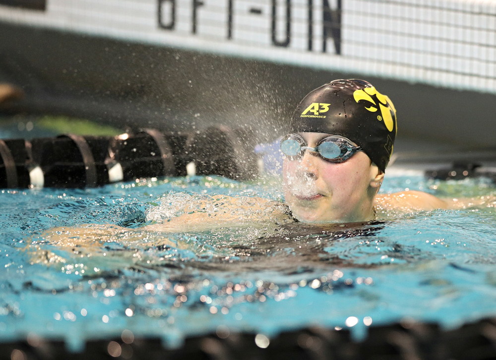 Iowa’s Hannah Burvill swims in the women’s 100 yard freestyle preliminary event during the 2020 Women’s Big Ten Swimming and Diving Championships at the Campus Recreation and Wellness Center in Iowa City on Saturday, February 22, 2020. (Stephen Mally/hawkeyesports.com)