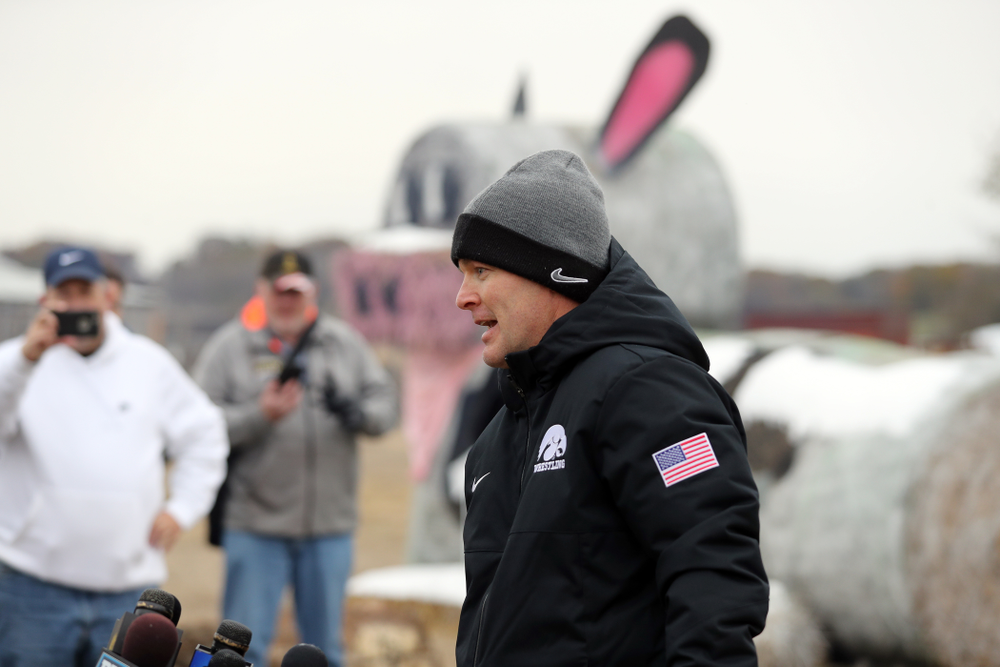 Iowa Wrestling Head Coach Tom Brands answers questions from reporters during the teamÕs annual media day Wednesday, October 30, 2019 at Kroul Family Farms in Mount Vernon. (Brian Ray/hawkeyesports.com)