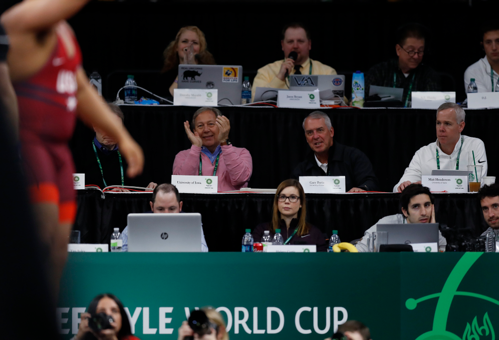 University of Iowa President Bruce Harreld and Director of Athletics Gary Barta during the United World Wrestling Freestyle World Cup Saturday, April 7, 2018 at Carver-Hawkeye Arena. (Brian Ray/hawkeyesports.com)