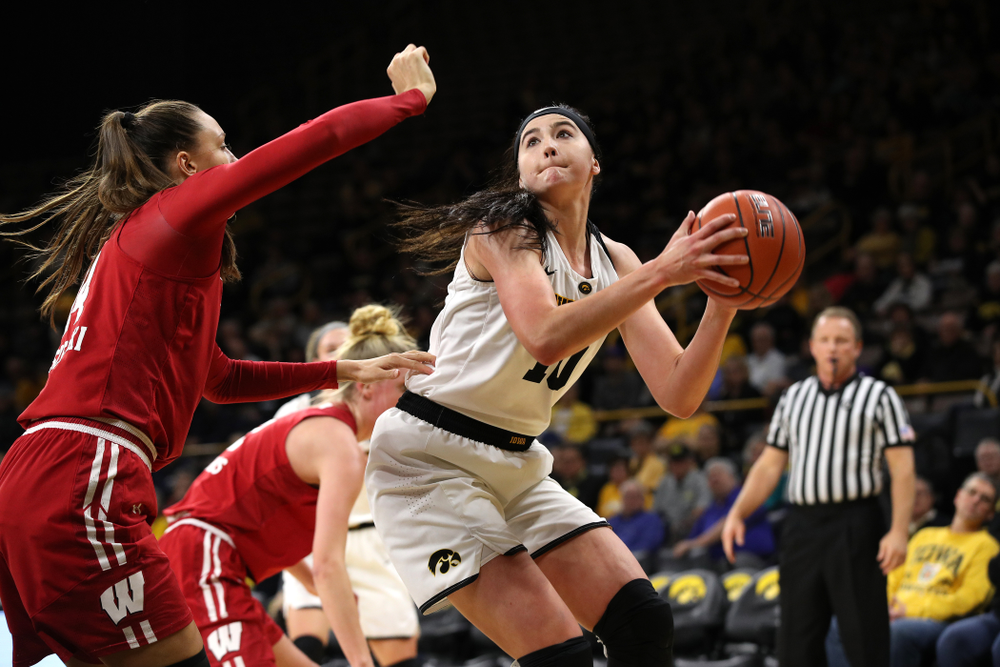 Iowa Hawkeyes forward Megan Gustafson (10) against the Wisconsin Badgers Monday, January 7, 2019 at Carver-Hawkeye Arena. (Brian Ray/hawkeyesports.com)