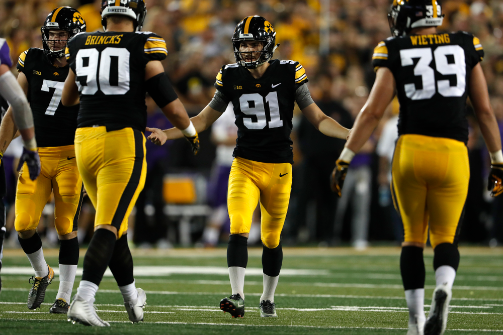 Iowa Hawkeyes place kicker Miguel Recinos (91) against the Northern Iowa Panthers Saturday, September 15, 2018 at Kinnick Stadium. (Brian Ray/hawkeyesports.com)