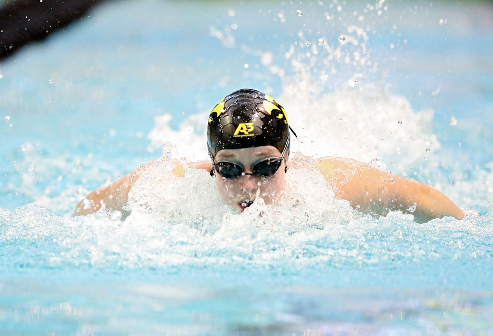 Iowa’s Kelsey Drake swims the women’s 100 yard butterfly preliminary event during the 2020 Women’s Big Ten Swimming and Diving Championships at the Campus Recreation and Wellness Center in Iowa City on Friday, February 21, 2020. (Stephen Mally/hawkeyesports.com)