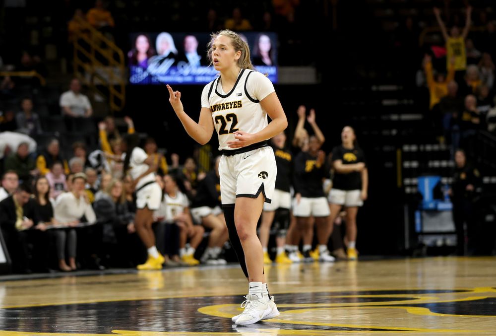 Iowa Hawkeyes guard Kathleen Doyle (22) knocks down a three point basket against North Carolina Central Saturday, December 14, 2019 at Carver-Hawkeye Arena. (Brian Ray/hawkeyesports.com)
