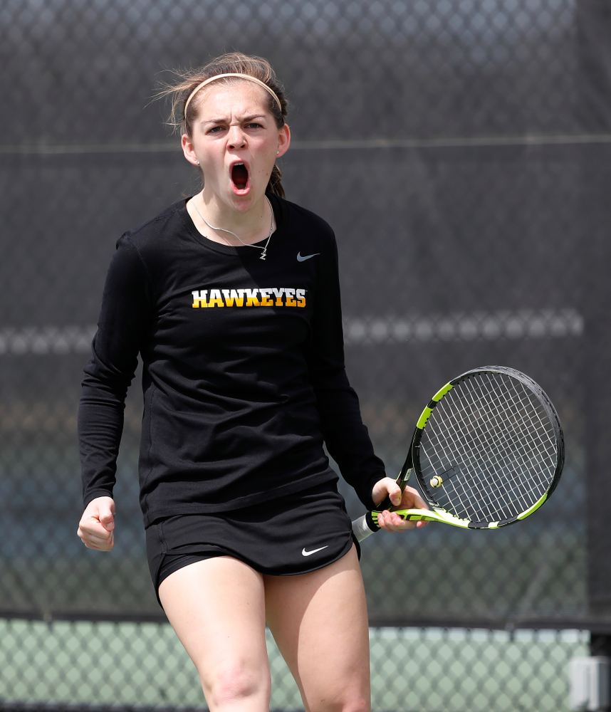 Iowa's Zoe Douglas against the Wisconsin Badgers Sunday, April 22, 2018 at the Hawkeye Tennis and Recreation Center. (Brian Ray/hawkeyesports.com)