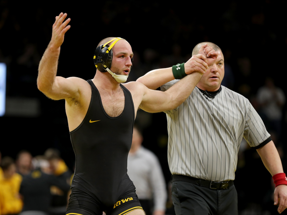 Iowa’s Alex Marinelli wrestles Minnesota’s Kasper McIntosh at 165 pounds Saturday, February 15, 2020 at Carver-Hawkeye Arena. Marinelli won the match by technical fall. (Brian Ray/hawkeyesports.com)