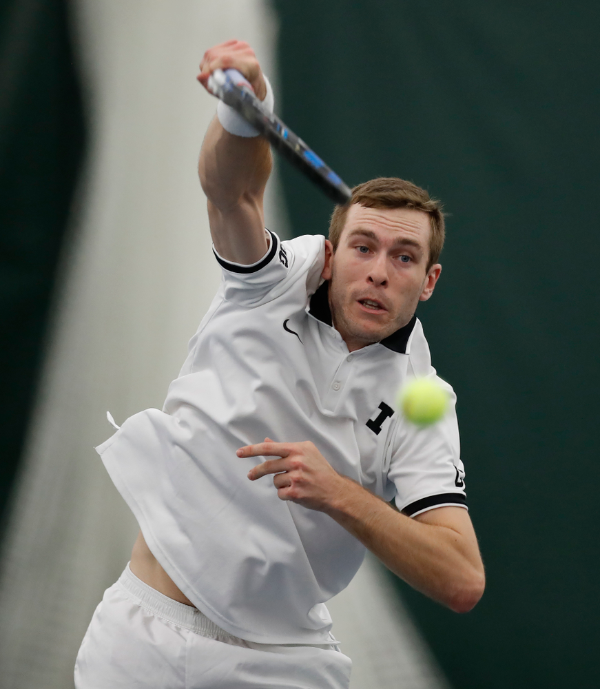 Jake Jacoby and Joe Tyler play a doubles match against Purdue Sunday, April 15, 2018 at the Hawkeye Tennis and Recreation Center. (Brian Ray/hawkeyesports.com)