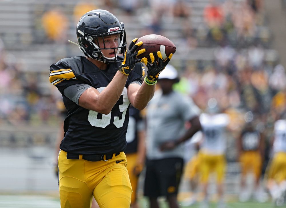 Iowa Hawkeyes wide receiver Alec Kritta (83) pulls in a pass during Fall Camp Practice No. 8 at Kids Day at Kinnick Stadium in Iowa City on Saturday, Aug 10, 2019. (Stephen Mally/hawkeyesports.com)