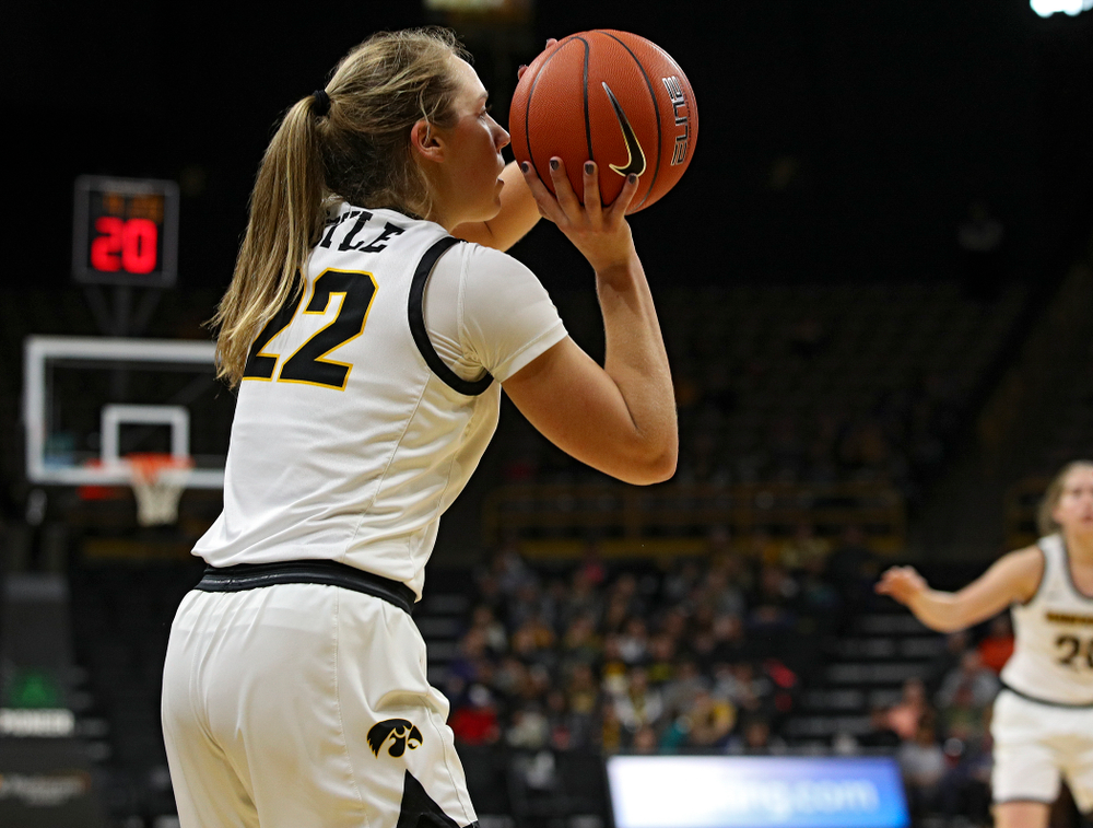 Iowa Hawkeyes guard Kathleen Doyle (22) makes a 3-pointer during the fourth quarter of their game at Carver-Hawkeye Arena in Iowa City on Tuesday, December 31, 2019. (Stephen Mally/hawkeyesports.com)