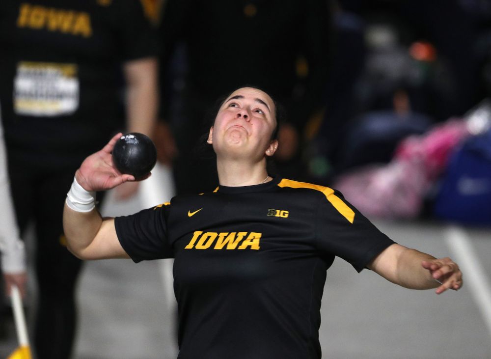 Iowa's Konstadina Spanoudakis competes in the Shot Put during the Black and Gold Premier meet Saturday, January 26, 2019 at the Recreation Building. (Brian Ray/hawkeyesports.com)