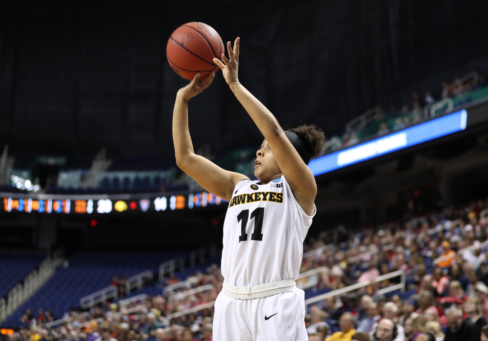 Iowa Hawkeyes guard Tania Davis (11) against the NC State Wolfpack in the regional semi-final of the 2019 NCAA Women's College Basketball Tournament Saturday, March 30, 2019 at Greensboro Coliseum in Greensboro, NC.(Brian Ray/hawkeyesports.com)