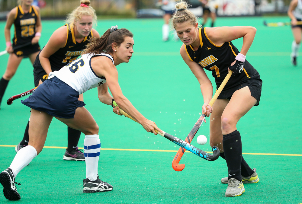Iowa Hawkeyes midfielder Ellie Holley (7) fights for possession during a game against Michigan at Grant Field on October 5, 2018. (Tork Mason/hawkeyesports.com)