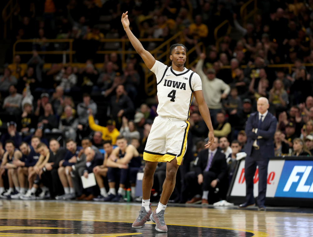 Iowa Hawkeyes guard Bakari Evelyn (4) celebrates a three point basket against Penn State Saturday, February 29, 2020 at Carver-Hawkeye Arena. (Brian Ray/hawkeyesports.com)
