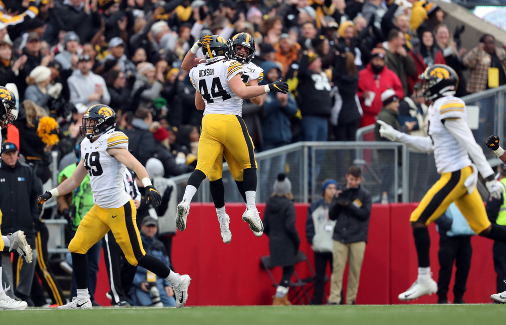 Iowa Hawkeyes linebacker Dillon Doyle (43) and linebacker Seth Benson (44) against the Wisconsin Badgers Saturday, November 9, 2019 at Camp Randall Stadium in Madison, Wisc. (Brian Ray/hawkeyesports.com)