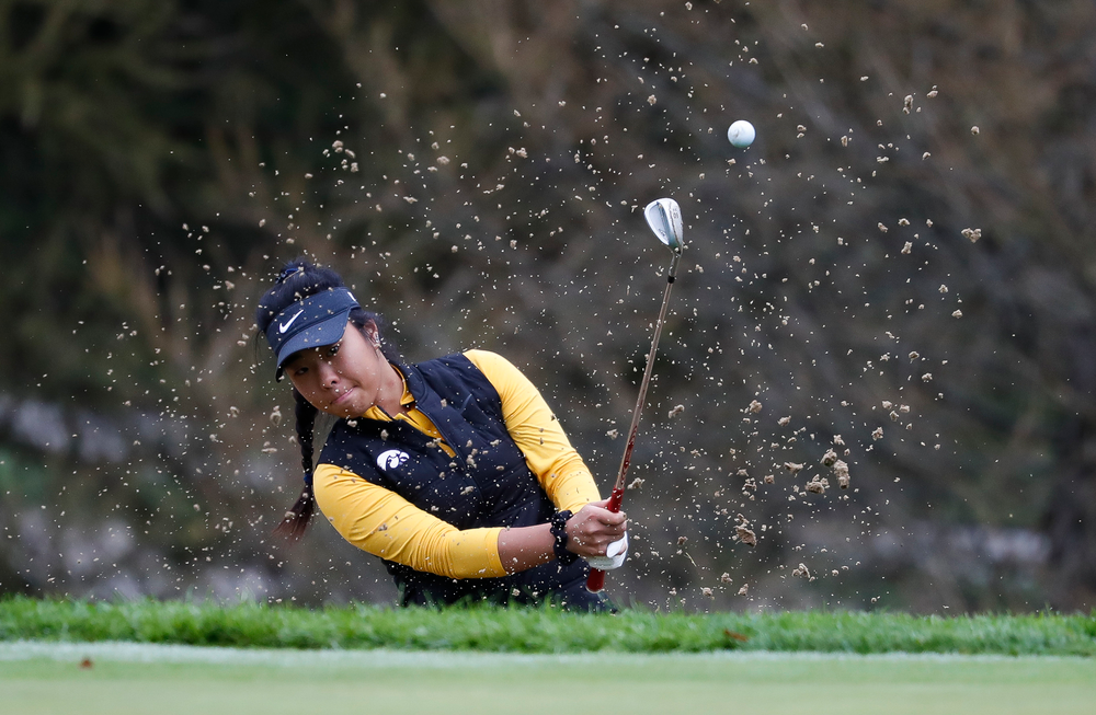 Iowa's Rachel Fujitani pitches out of a bunker during the Diane Thomason Invitational at Finkbine Golf Course on September 29, 2018. (Tork Mason/hawkeyesports.com)